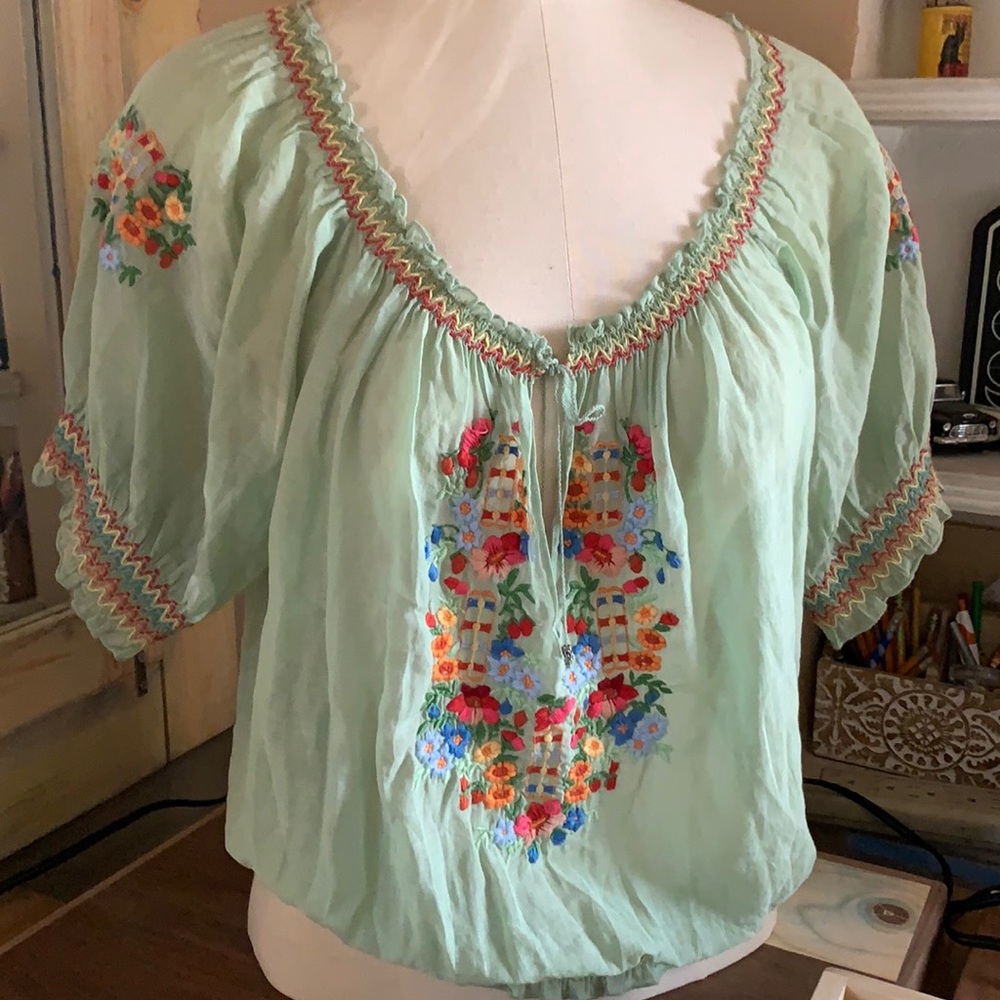 Joie Embroidered short sleeved green blouse with flowers detailing. Size L